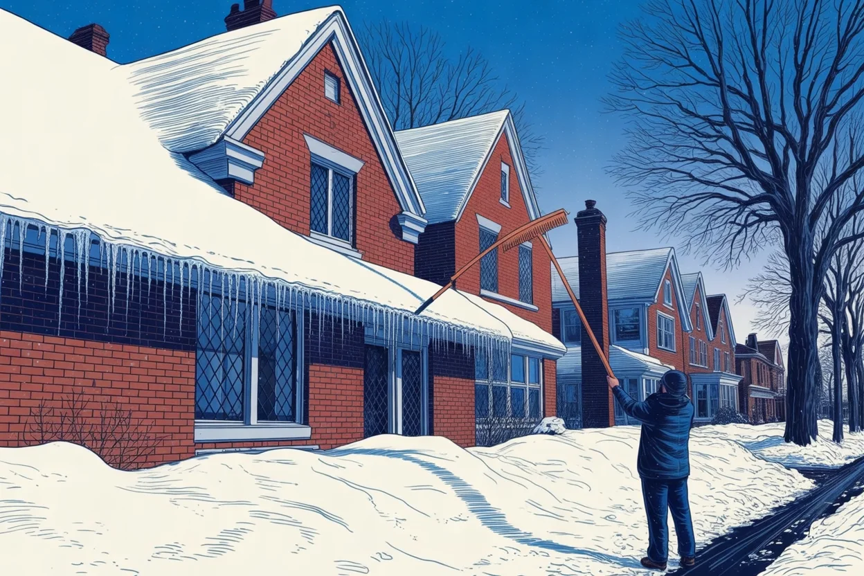 Drawing: a person seen from behind on the snowy lawn pulling snow off the icicled roof edge of a brick house with a long roof rake