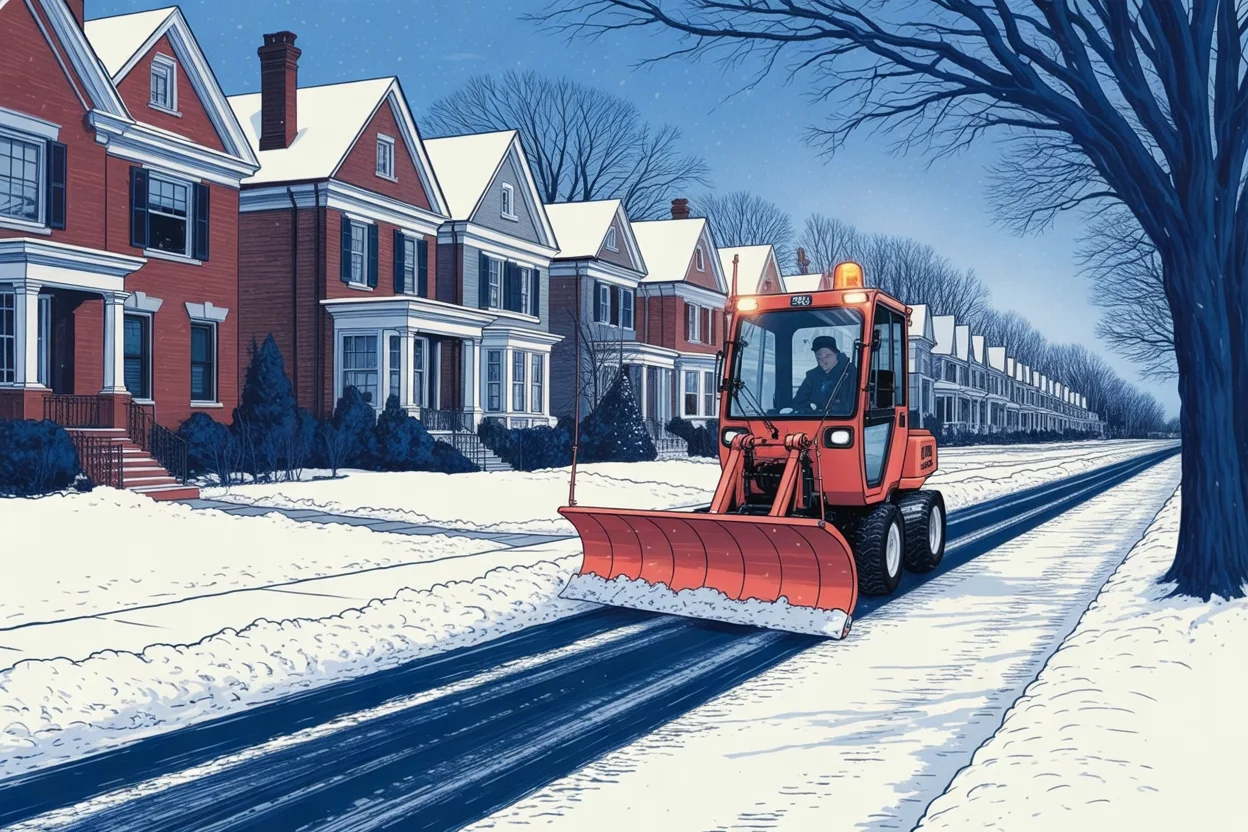 Drawing: a small red sidewalk plow tractor with an orange beacon clearing the public sidewalk along a row of brick houses