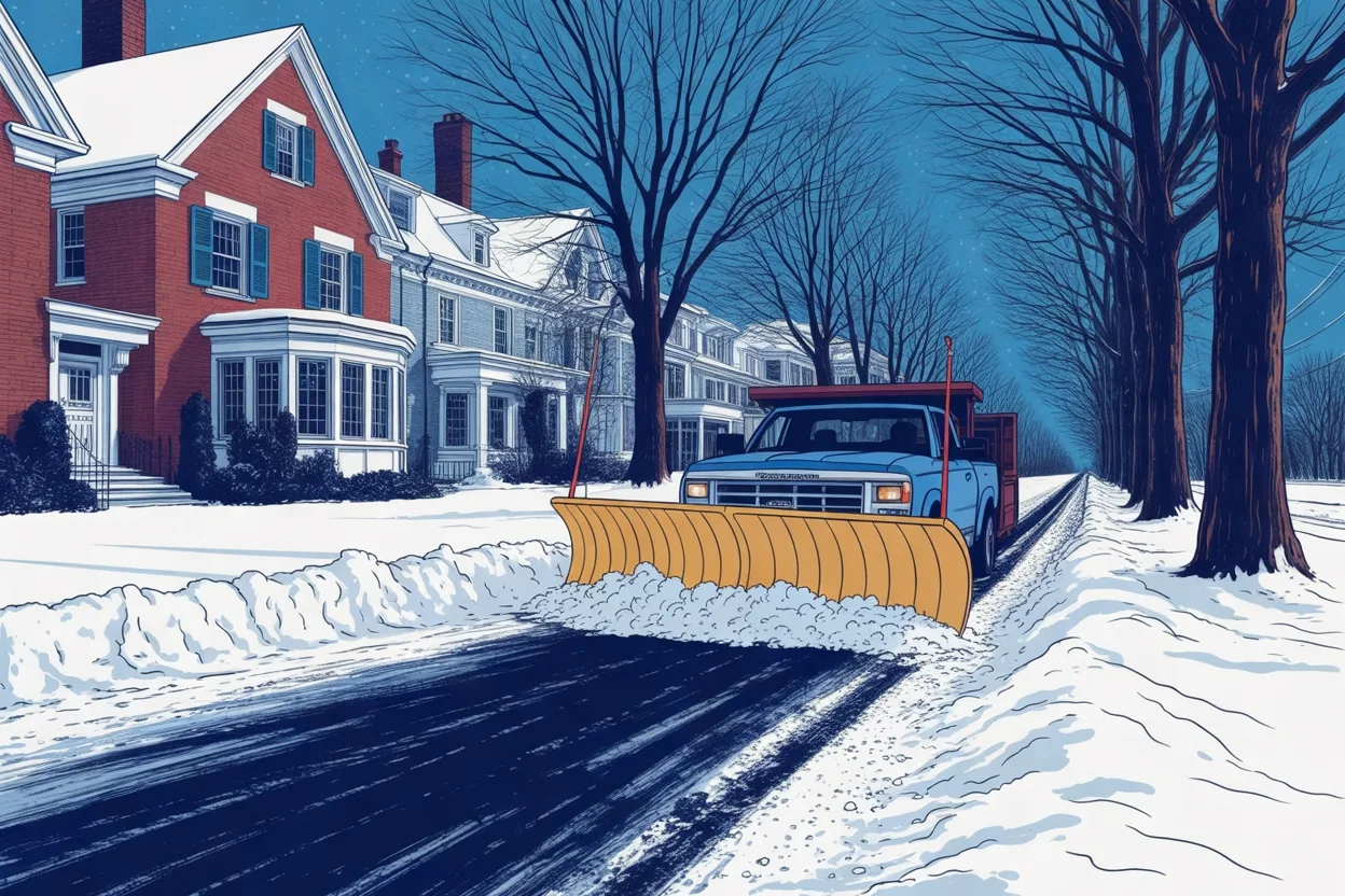 Drawing: a pickup truck with a yellow plow blade clearing snow beside a row of brick houses the morning after a storm